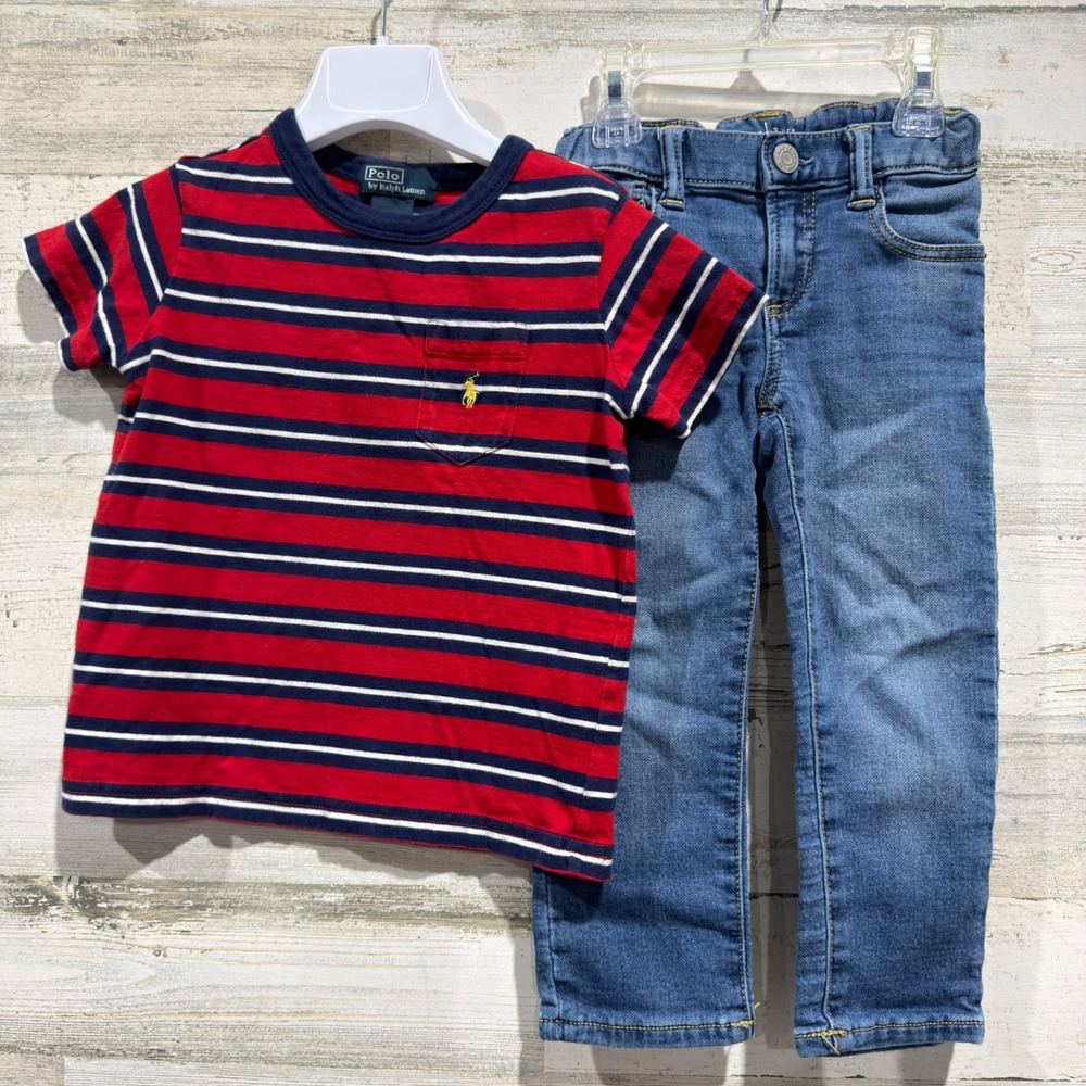 Polo Ralph Lauren & Gap Outfit Boys 3T Red Blue Striped Shirt Jeans Preppy EUC